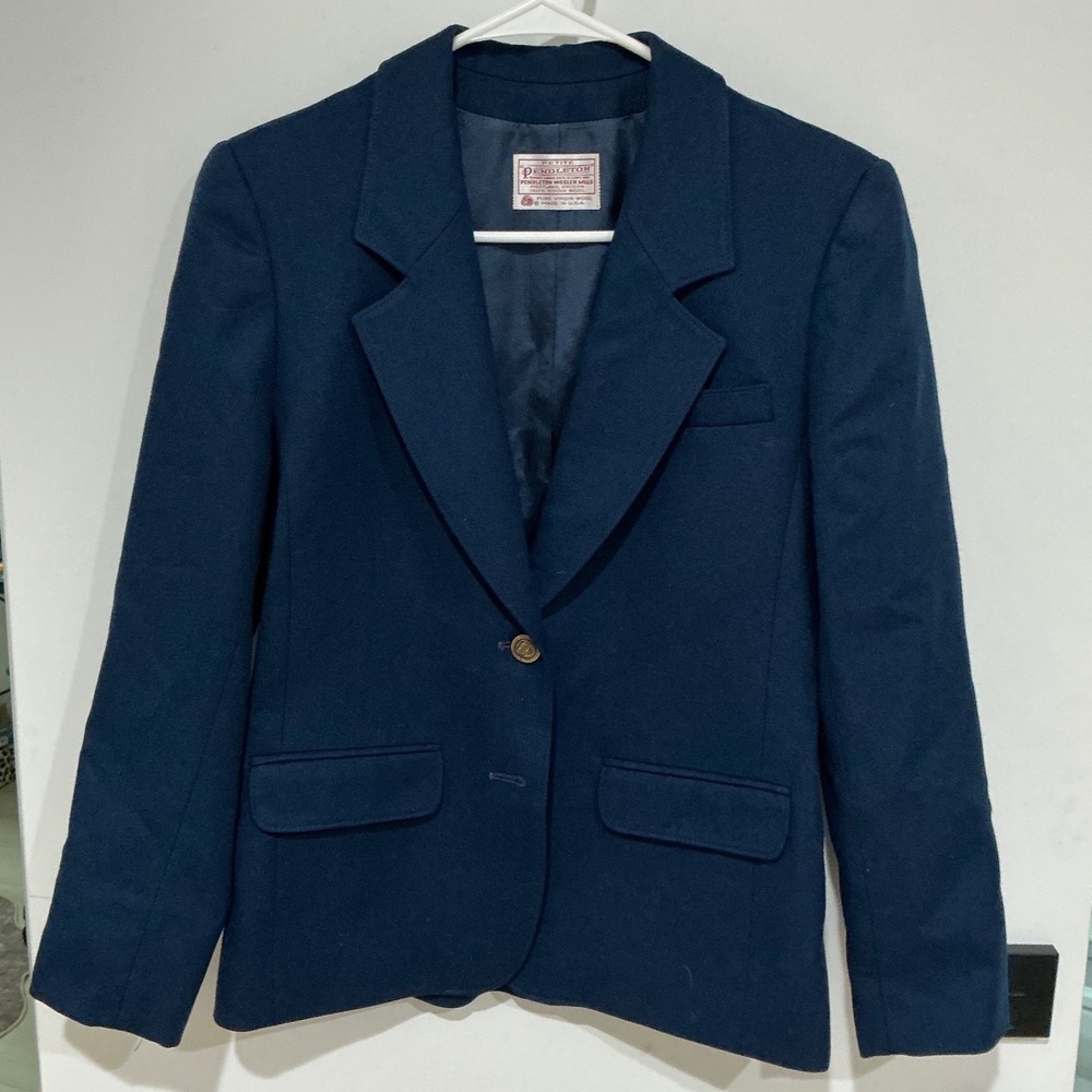 Vintage Petite Pendleton Navy Blue Wool Blazer Single Button Jacket Size 4 P324